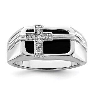 White Night 925 Sterling Silver RH-plated Diamond & Black Onyx Cross Men's Ring